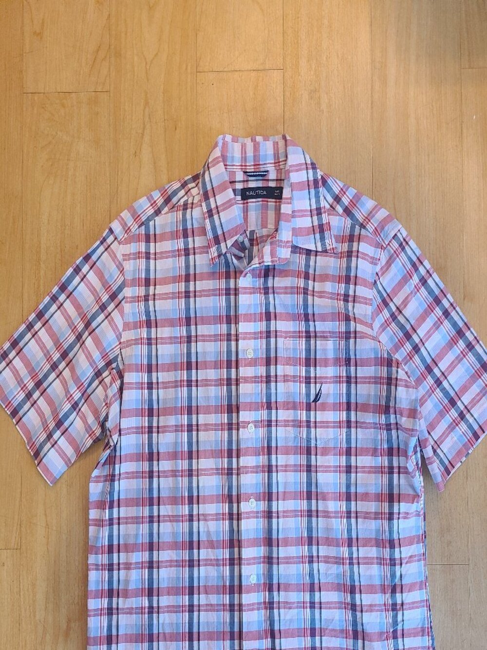 Nautica Mens Shirt Size Large Short Sleeve Plaid Red Blue White Button Up L